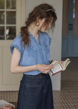 Embroidered Frill Sleeve Linen Blend Blouse(2COLOR)