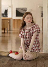Cherry Plaid Ruffle Blouse | Vintage Red Gingham Short Sleeve Top