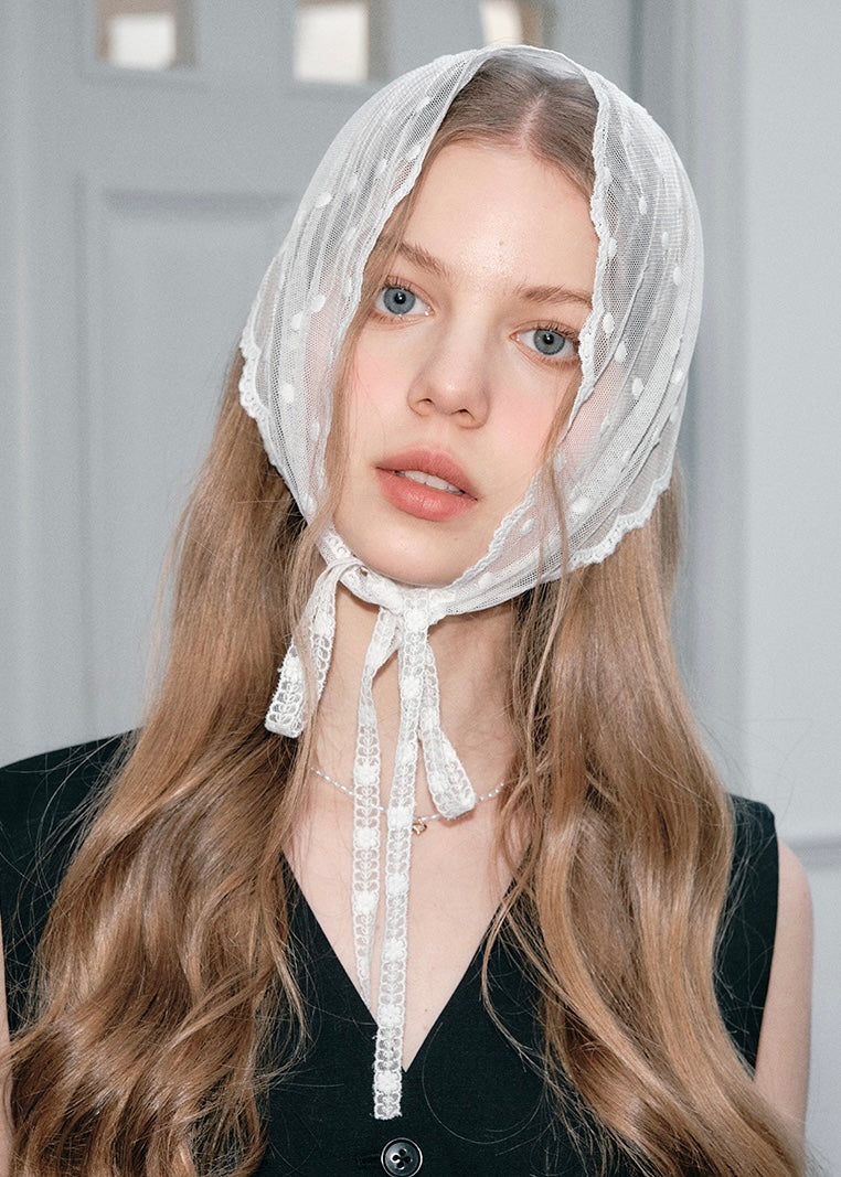 Moonlace Sheer Bonnet Vintage Lace Dot Tie Head Cover