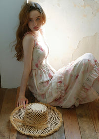 Rosette Waltz Tiered Floral Smocked Strap Dress