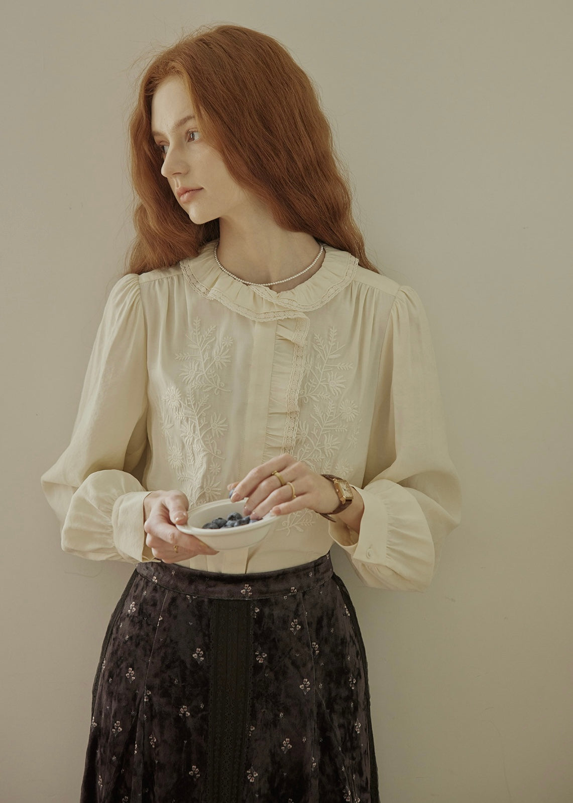 Romantic Cream Lace Embroidered Ruffle Collar Vintage Blouse