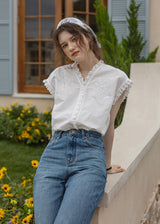 Embroidered Frill Sleeve Linen Blend Blouse(2COLOR)