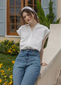 Embroidered Frill Sleeve Linen Blend Blouse(2COLOR)