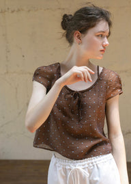 Cocoa Dots Short Sleeve Ribbon Tie Blouse