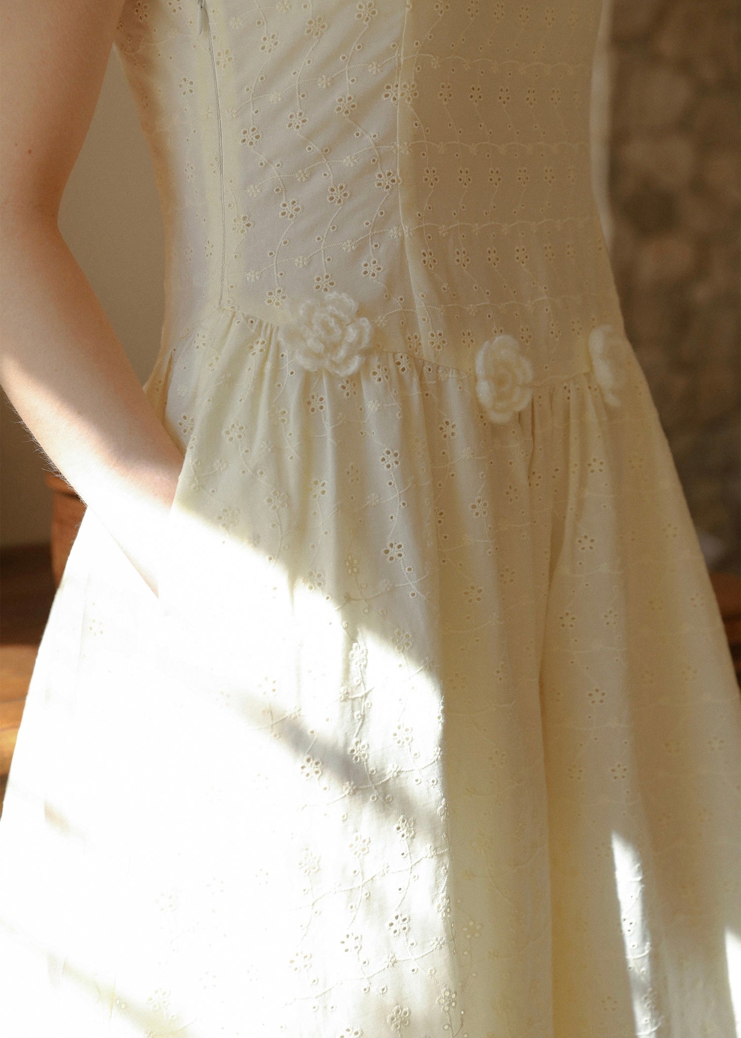 Warm Ivory Textured Sleeveless A-Line Dress