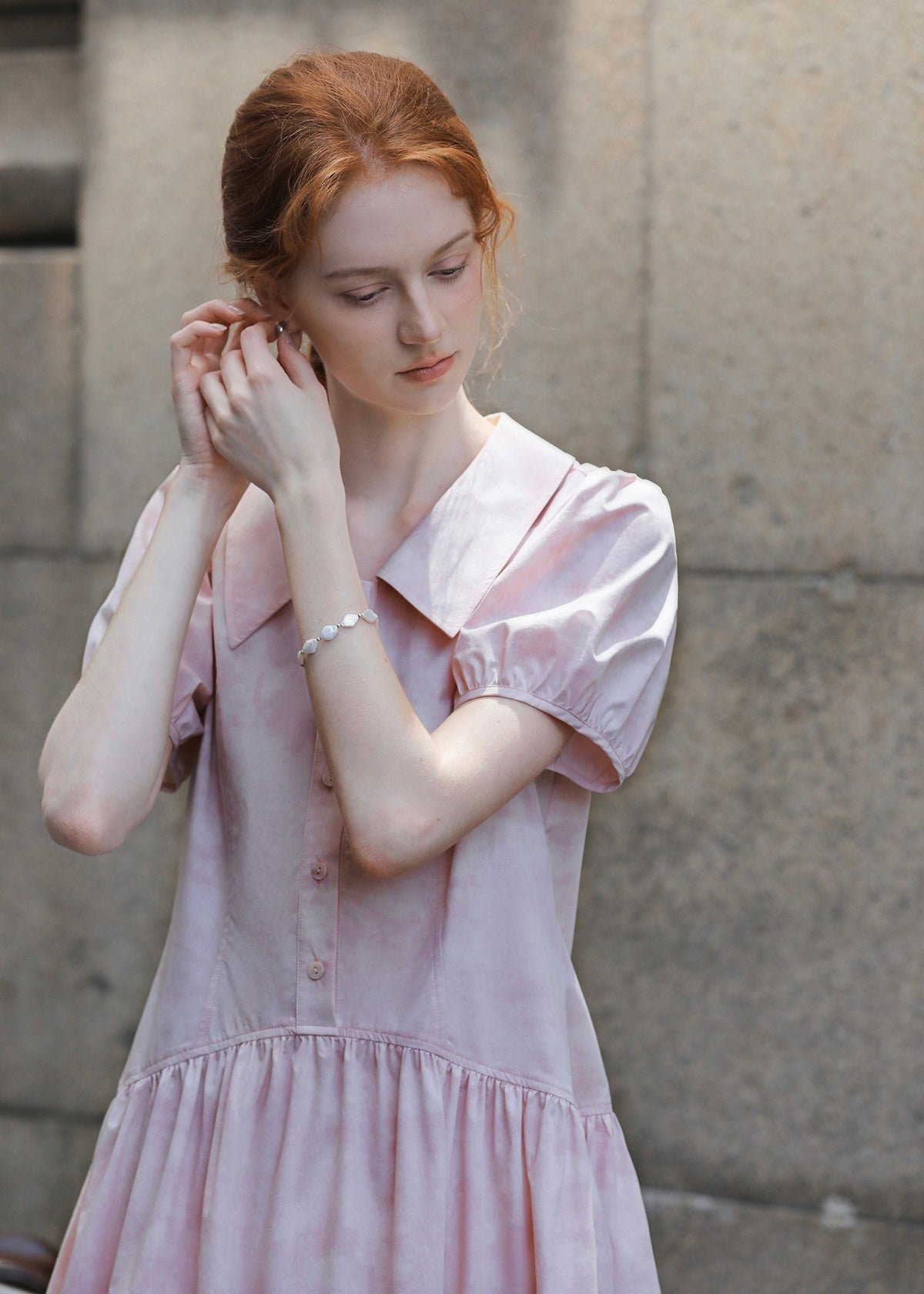 Rosecloud Button Soft Pink Puff Sleeve Mini Dress
