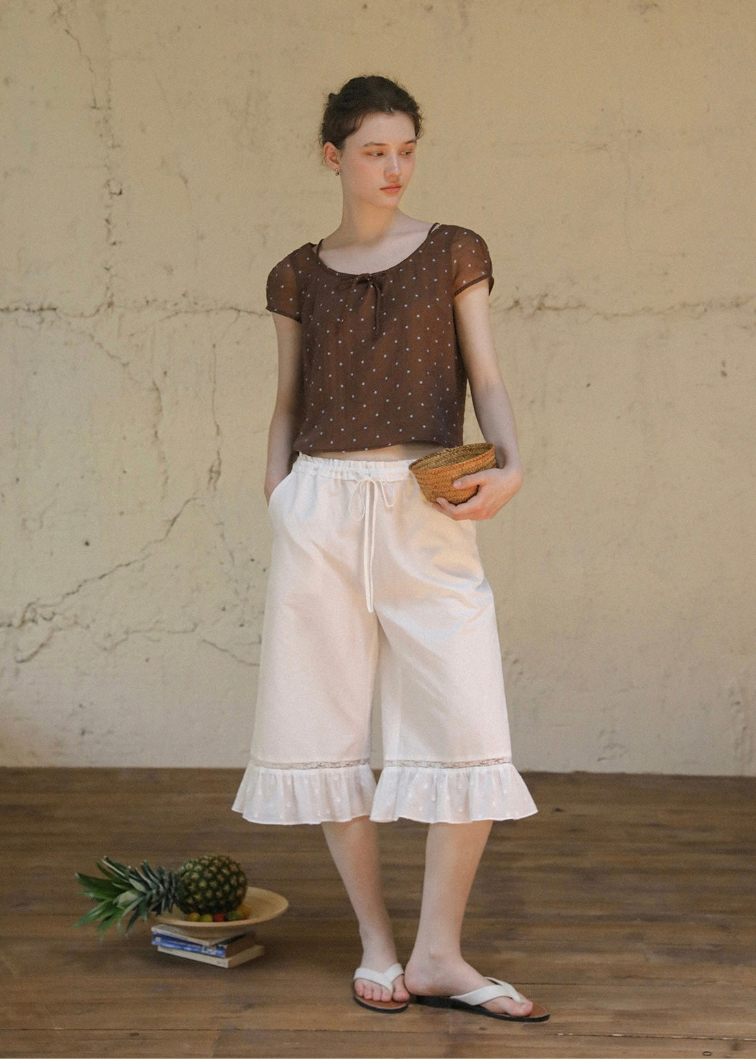 Cocoa Dots Short Sleeve Ribbon Tie Blouse