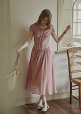 Soft Gathered Front Ruffle Pink A-Line Long Dress