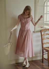 Soft Gathered Front Ruffle Pink A-Line Long Dress