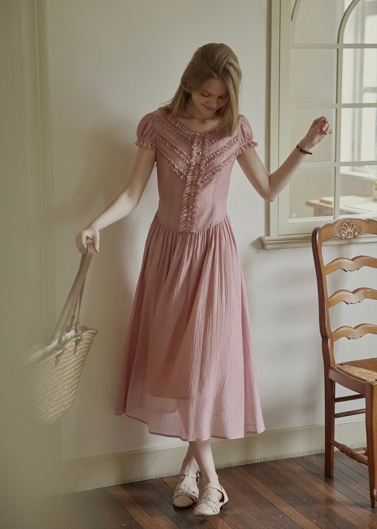 Soft Gathered Front Ruffle Pink A-Line Long Dress