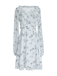 Morning Lace White Blue Floral Vintage Ruffle Bloom Dress
