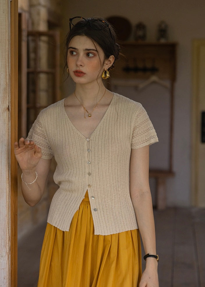 Été Knit Button Top | Slim Fit V-Neck Ribbed Summer Cardigan Blouse(2COLOR)