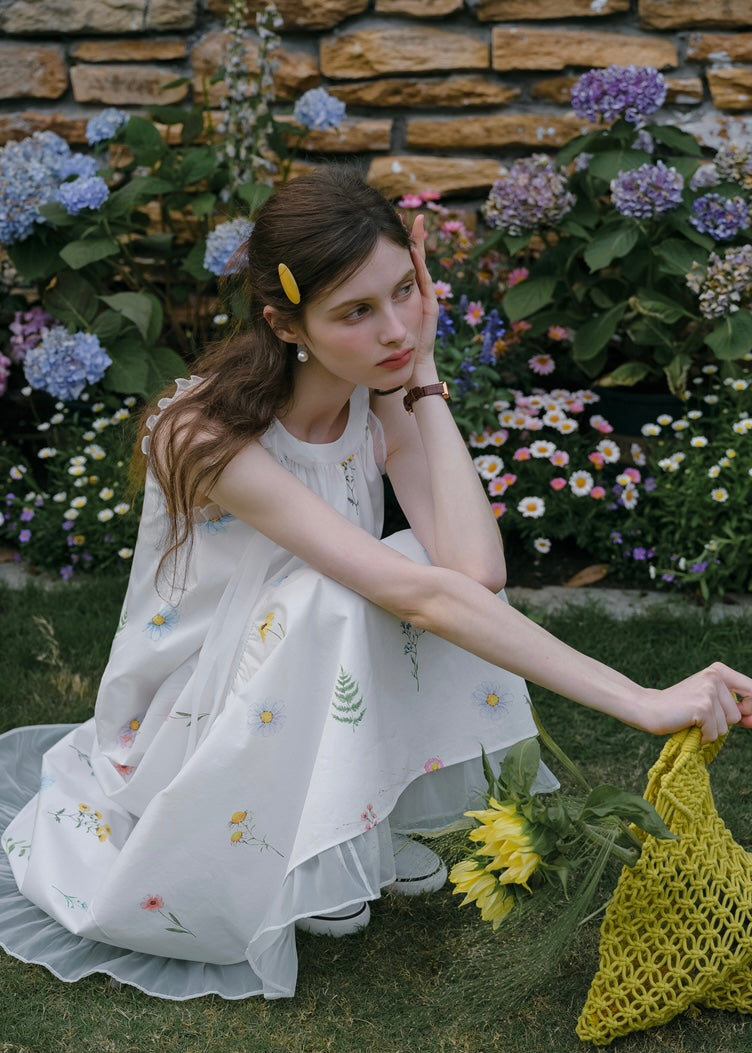 Field Whispers White Embroidered Halter Neck Dress