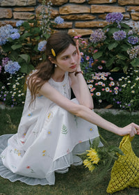 Field Whispers White Embroidered Halter Neck Dress