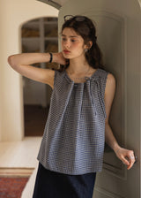 Blue Gingham Ribbon Tie Sleeveless A-Line Top