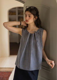 Blue Gingham Ribbon Tie Sleeveless A-Line Top