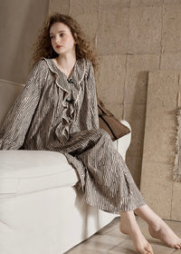 Autumn Stripe Beige Black Vintage Ruffle Pajama Dress Nightwear
