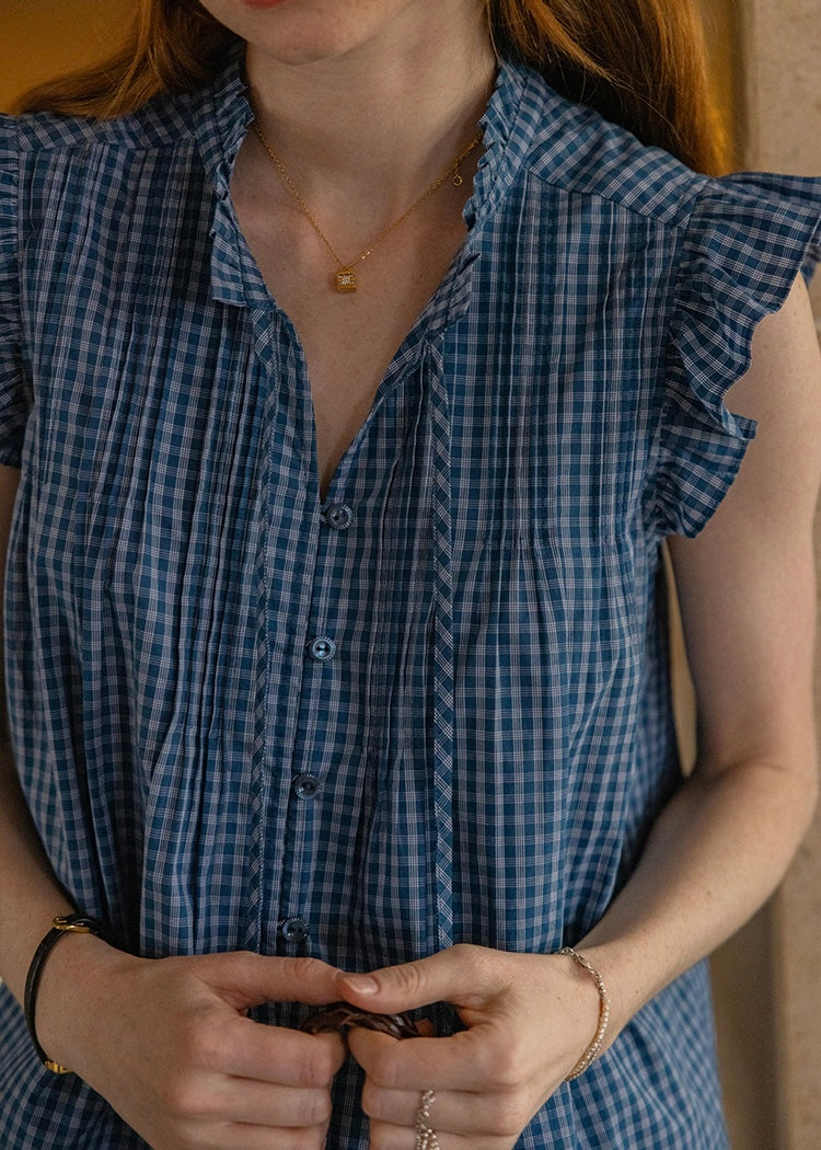 Blueberry Ruffle Gingham Blouse | Vintage Sleeveless Summer Top
