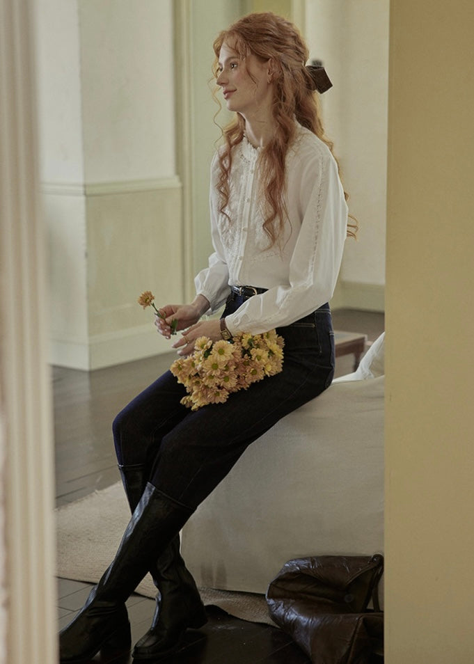 Lace Embroidered French Vintage White Blouse