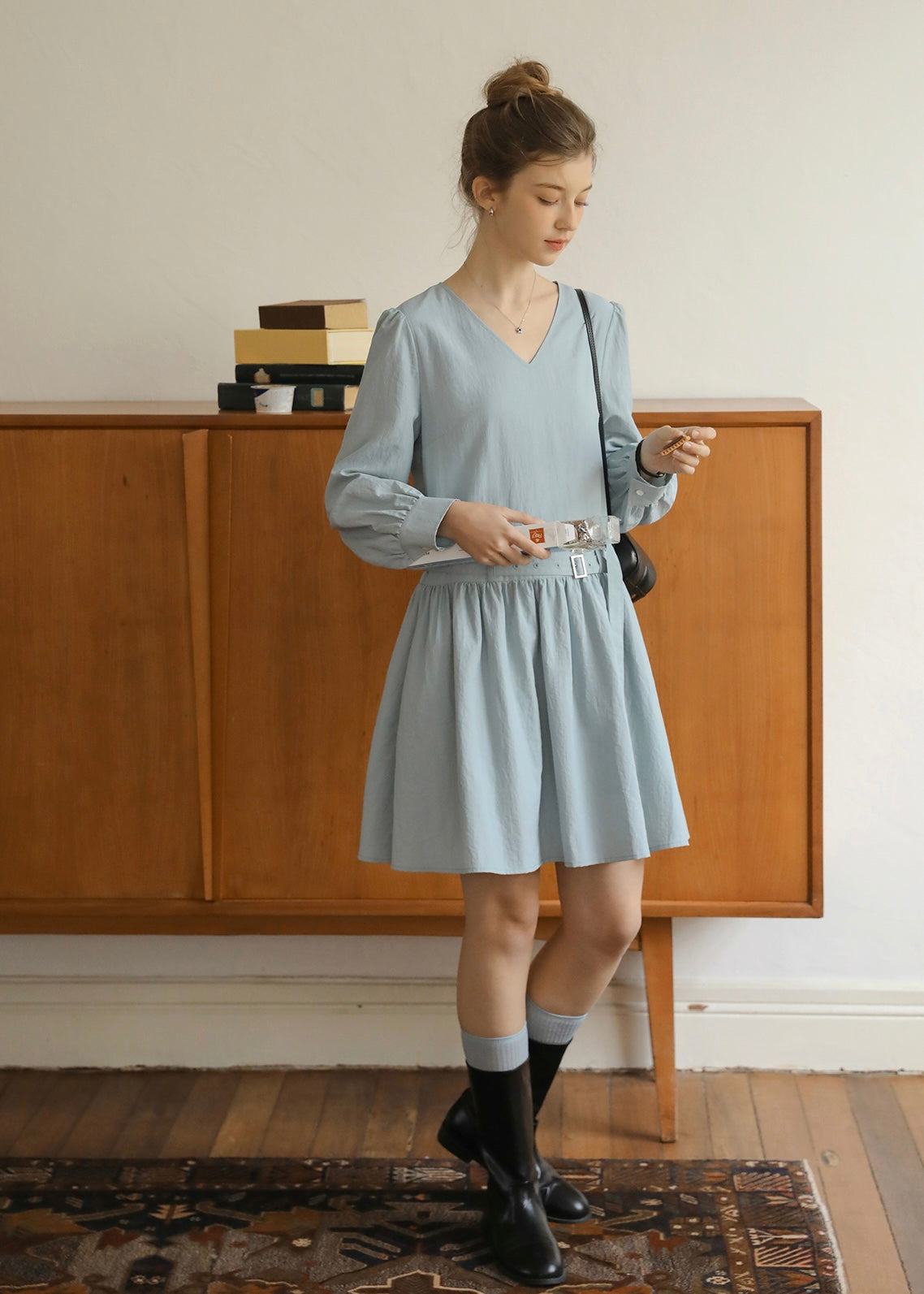 Soft Mist Belted Vintage Pastel Blue Dress
