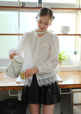 Romantic Polka Dot Lace Trim Blouse with Tie Neck