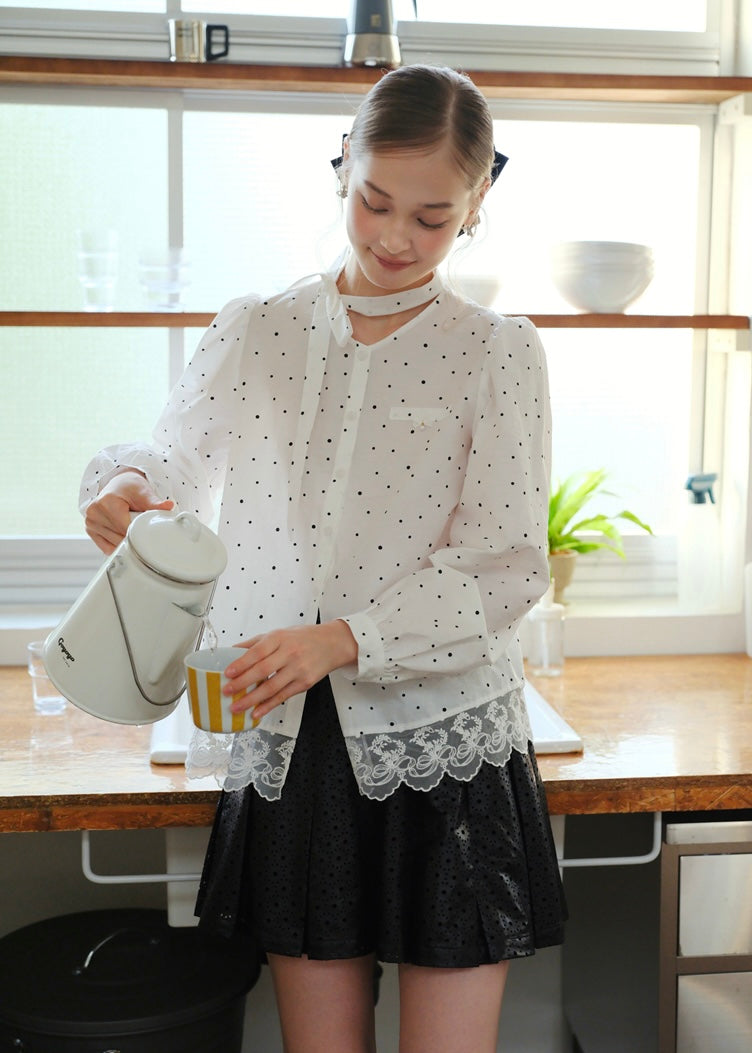 Romantic Polka Dot Lace Trim Blouse with Tie Neck