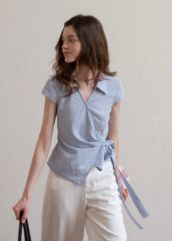 Elin Sky Wrap Tie Short Sleeve Blouse