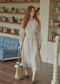 Vintage Floral Smocked Waist Ruffle Neck Long Dress