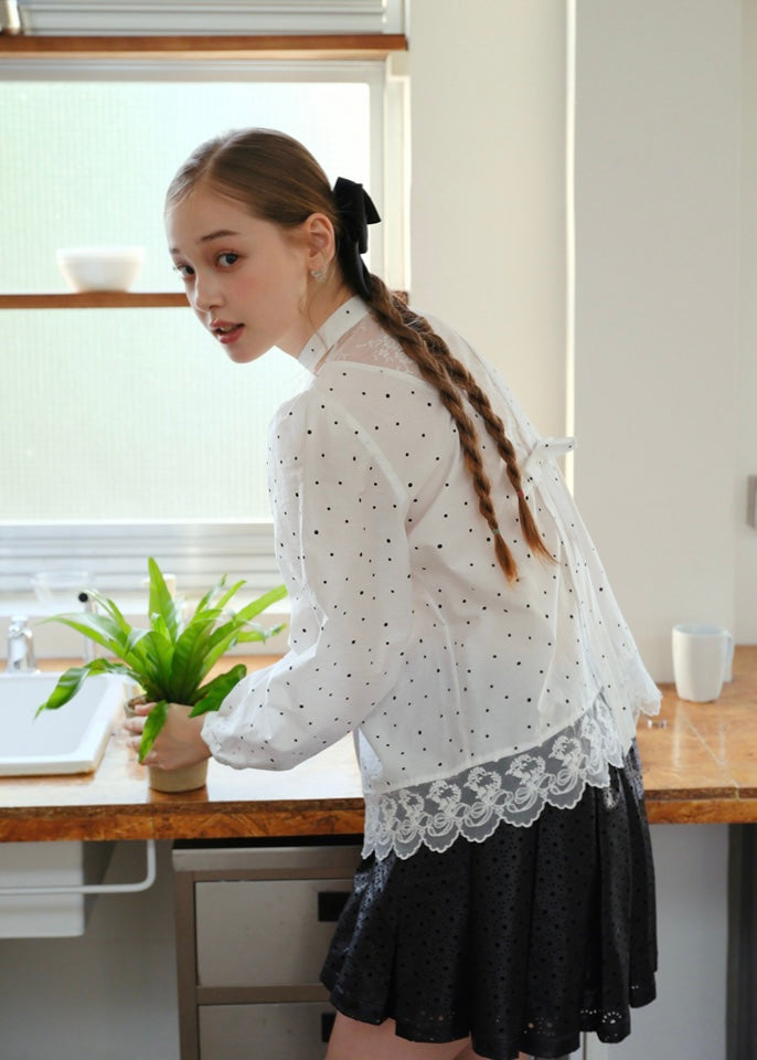 Romantic Polka Dot Lace Trim Blouse with Tie Neck