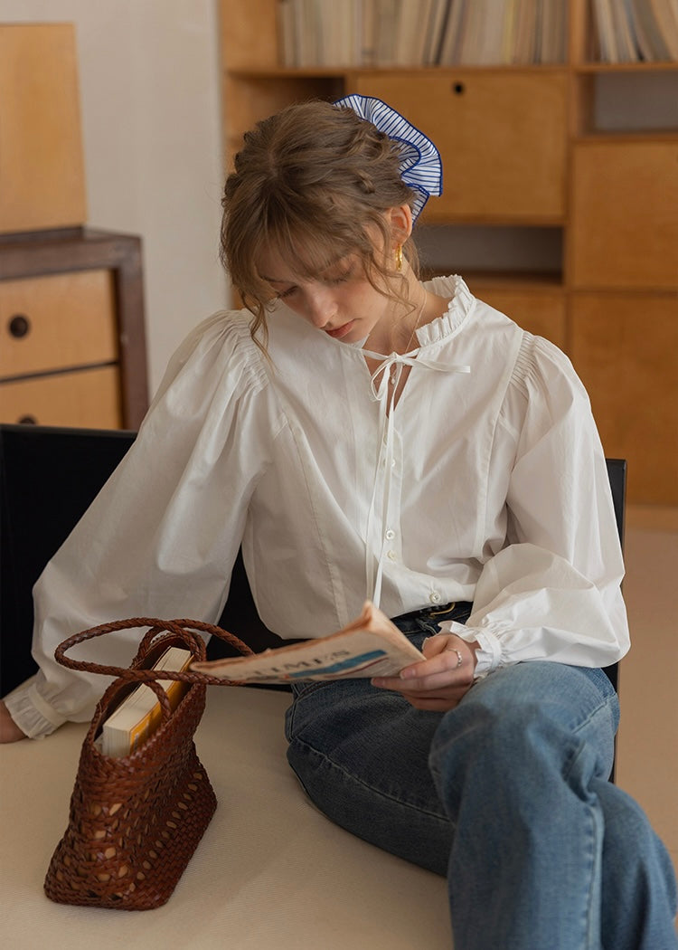 Romantic Collar Tie Soft Vintage Long Sleeve Blouse(2COLOR)