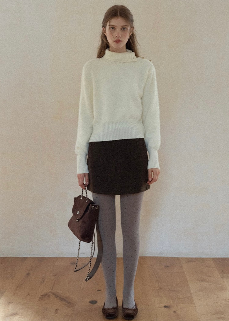 Cream Apricot Diagonal Button Collar Knit Sweater
