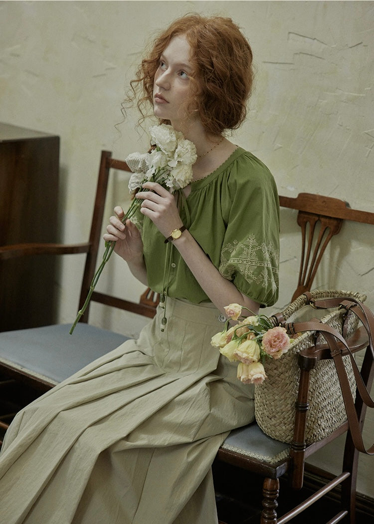 Willow Garden Embroidered Blouse | Romantic Green Cotton Shirt