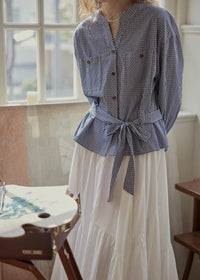 Blue Letter Gingham Tie-Waist Vintage Blouse