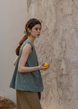 Lemon Noon Check Vest Top | Linen Cotton Sleeveless V-Neck Shirt(2COLOR)