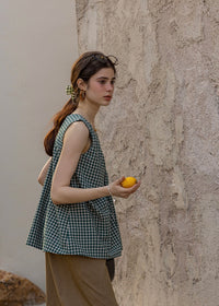 Lemon Noon Check Vest Top | Linen Cotton Sleeveless V-Neck Shirt(2COLOR)