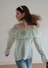 Lumière Mint Off-Shoulder Ruffle Blouse