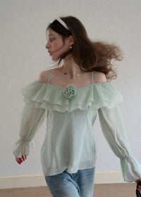 Lumière Mint Off-Shoulder Ruffle Blouse