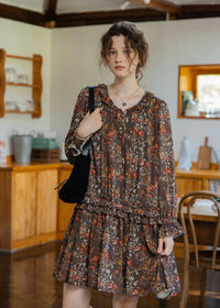 Fleur Noire Vintage Floral Ruffle Collar Midi Dress