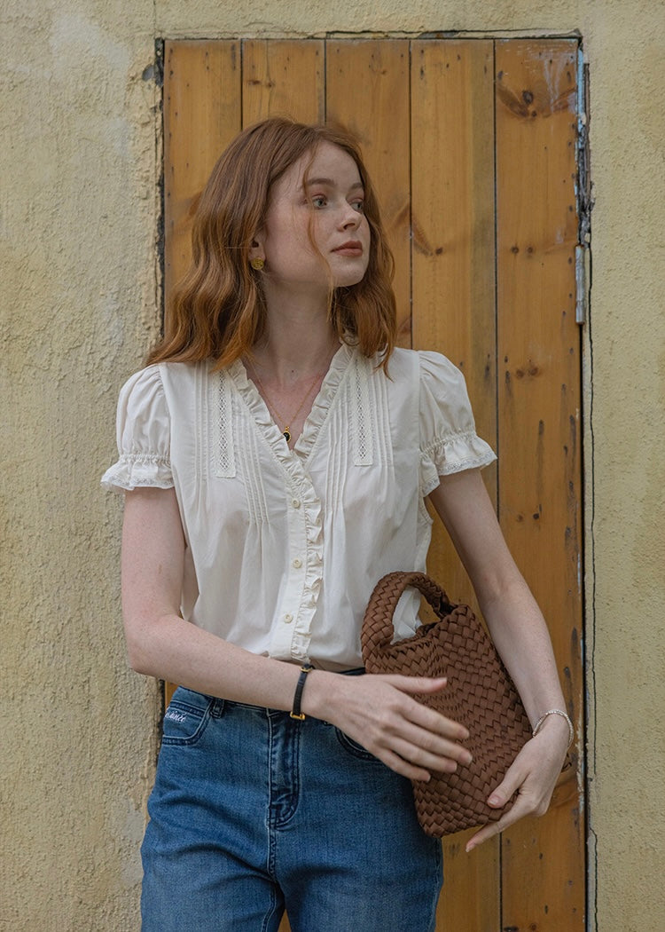 Sunday Picnic Blouse | Lace Trim Puff Sleeve Vintage Top(2COLOR)