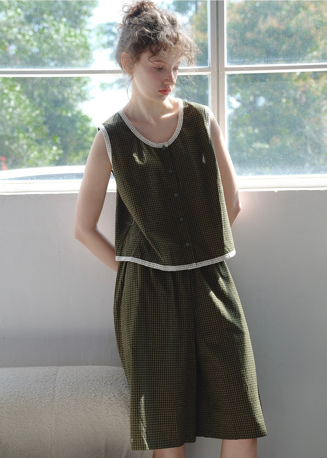 Moss Green Quiet Cotton Pajama Set Vintage Plaid Sleeveless Lounge Set