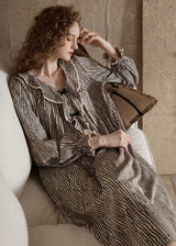 Autumn Stripe Beige Black Vintage Ruffle Pajama Dress Nightwear