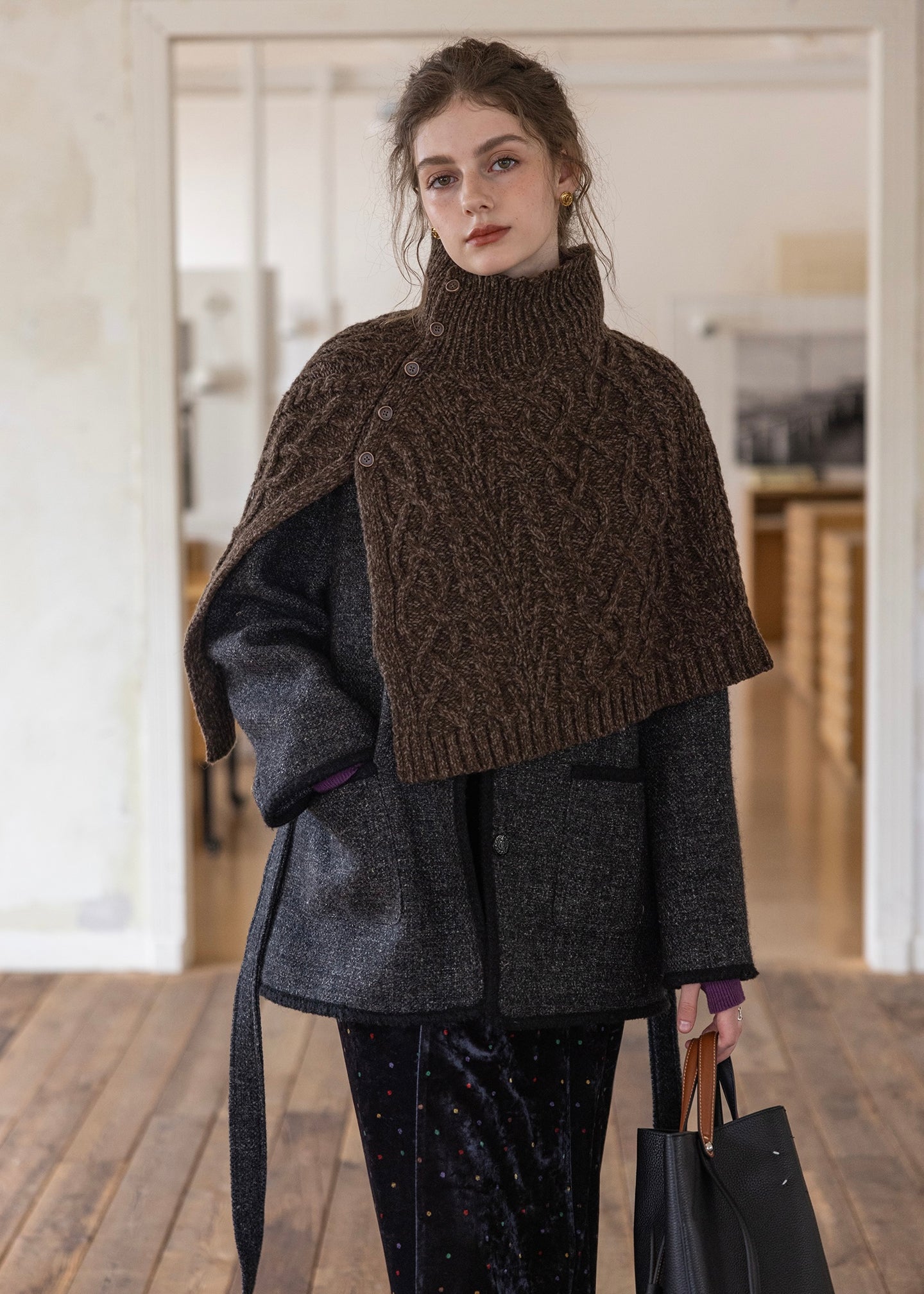 Heritage Cable Wool Cape Shawl(2COLOR)