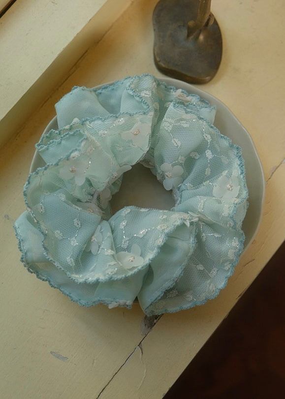 Mint Tulle Flower Ruffle Scrunchie Vintage Hair Tie