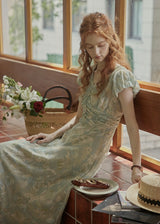 Verde Bloom Long Dress | Vintage Mint Floral Ruched Dress