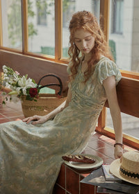 Verde Bloom Long Dress | Vintage Mint Floral Ruched Dress