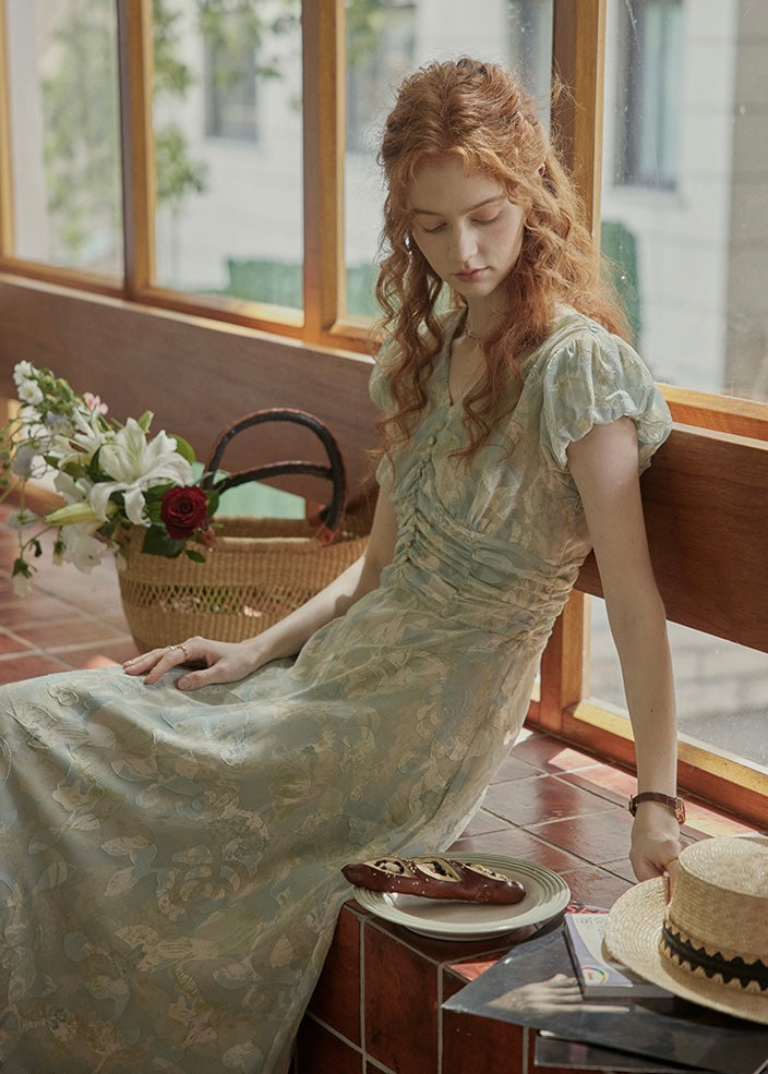 Verde Bloom Long Dress | Vintage Mint Floral Ruched Dress