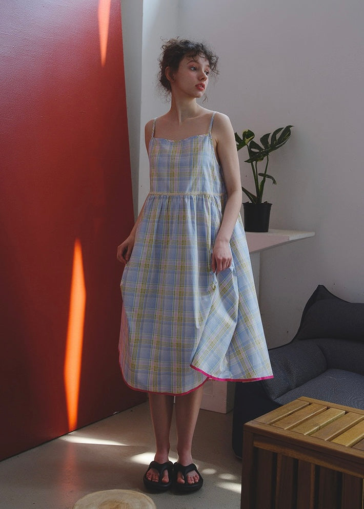 Faded Blue Reverie Check Cotton Slip Nightdress