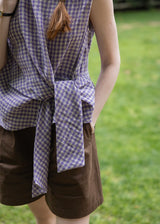 Lavender Knot Gingham Sleeveless Wrap Blouse