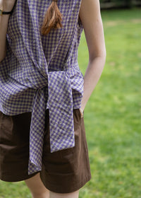 Lavender Knot Gingham Sleeveless Wrap Blouse