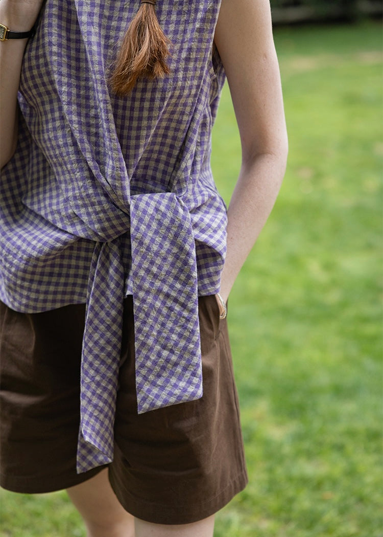 Lavender Knot Gingham Sleeveless Wrap Blouse